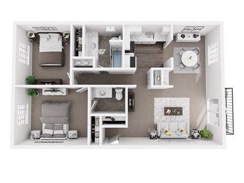 A white and grey dollhouse living room with furniture and decorations.